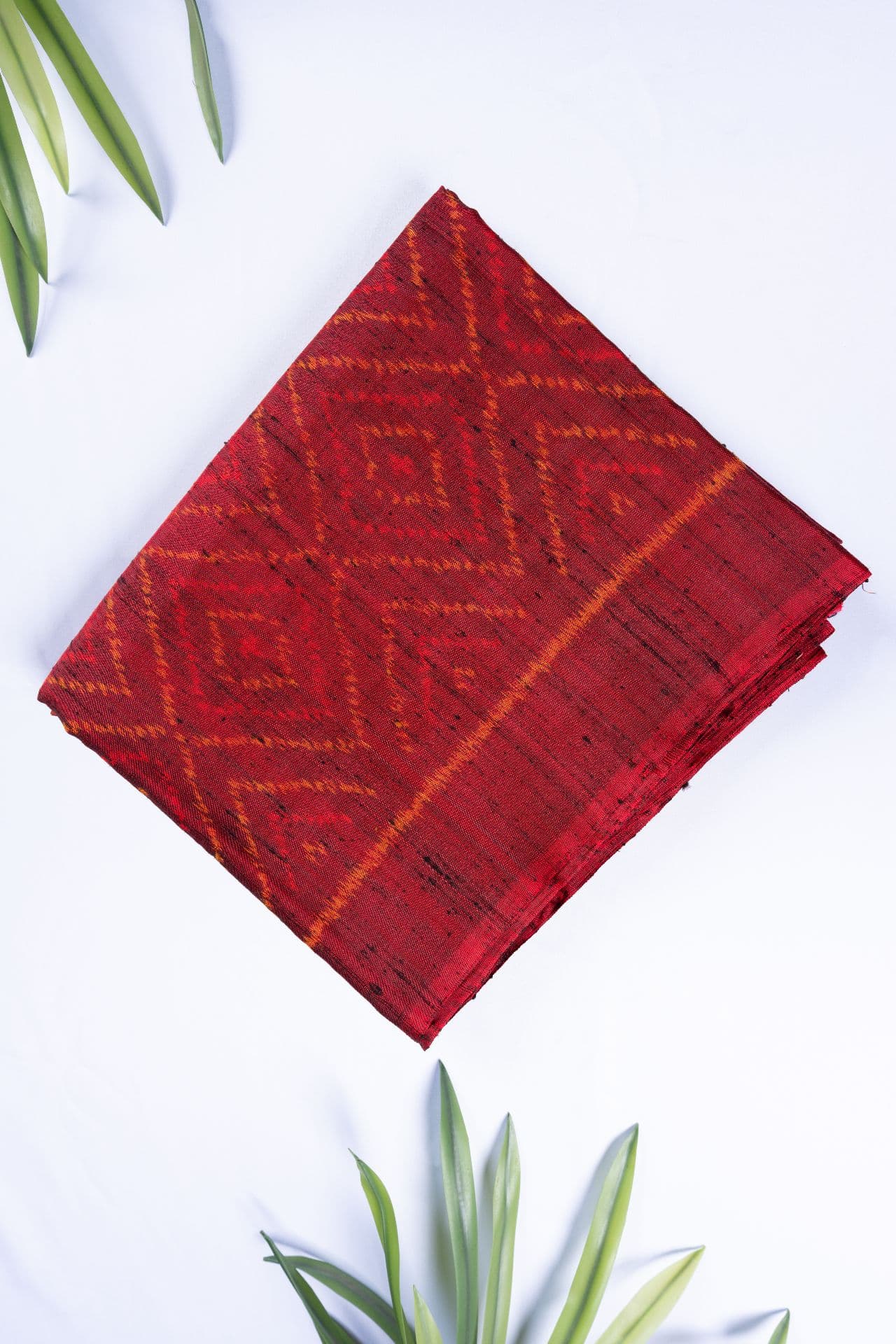 Crimson Red & Rust Orange Ikat Folk Art Saree Buy authentic handloom raw silk saree
